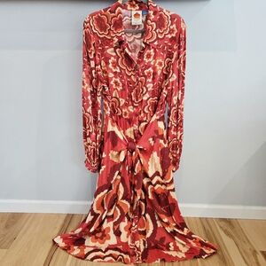 FARM Rio Red and Orange Long Sleeve Dress